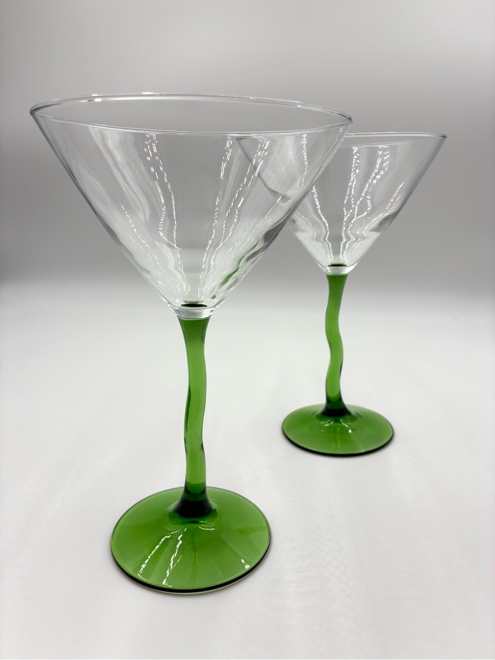 Vintage Libbey Courbe Green Wavy Stem Martini Glasses - Pair of 2 MCM Cocktail